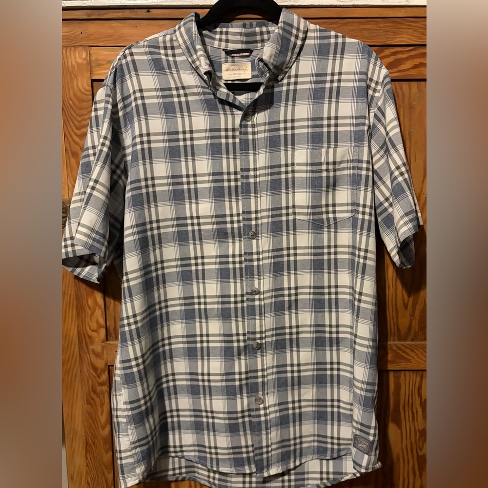 Weatherproof Vintage Gray/Blue Plaid Short sleeve button-down shirt Large EUC